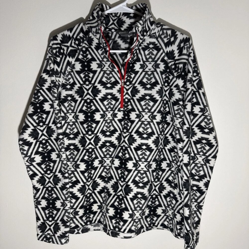 Eddie Bauer Womens Quest Fleece 1/4 Zip Pullover Black Aztec Print Sweater L